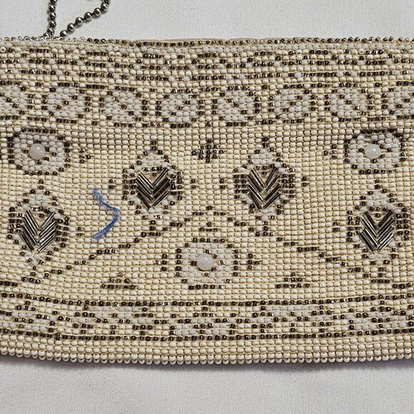 Vintage Czech Beige Beaded Mini Wristlet Clutch Silver Tribal Design Zipper Clos - Picture 7 of 7